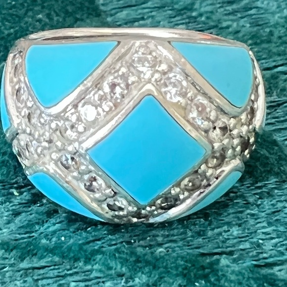 Sterling dome ring with Diamonique and turquoise colored inlay - Picture 5 of 6